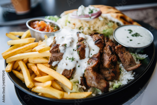 A close-up of a gyro platter showcasing grilled meat, fluffy rice, crispy fries, and a side of creamy tzatziki sauce