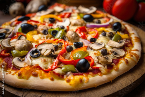 A close-up of a vegetable pizza with mushrooms, onions, bell peppers, and olives, placed on a wooden table, captures the mouthwatering details