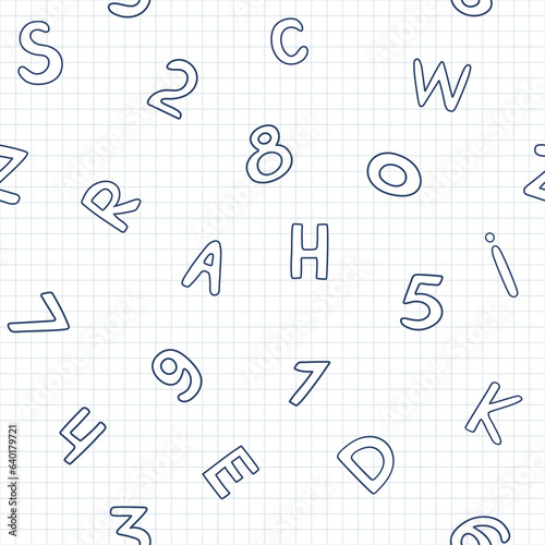 Funny doodle drawings, letters, numbers on lined math paper for school or kindergarten. Childish hand-drawn repeating pattern. Back to school