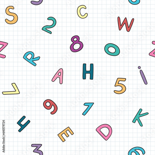 Funny colored doodle drawings, letters, numbers on lined math paper for school or kindergarten. Childish hand-drawn repeating pattern. Back to school
