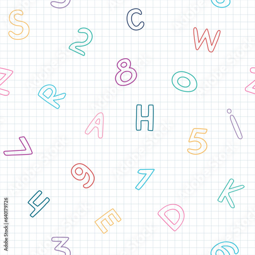 Funny colored doodle drawings, letters, numbers on lined math paper for school or kindergarten. Childish hand-drawn repeating pattern. Back to school