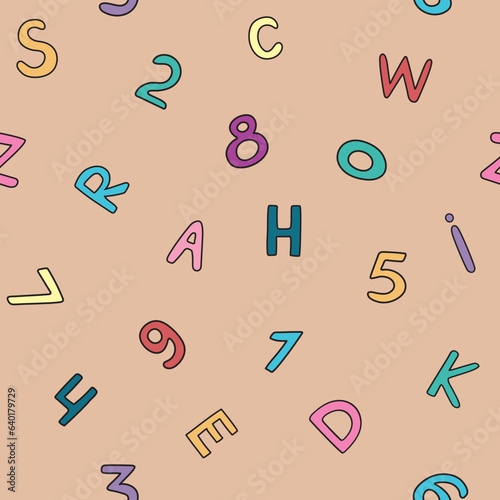 Funny colored doodle drawings, letters, numbers on paper for school or kindergarten. Childish hand-drawn repeating pattern. Back to school