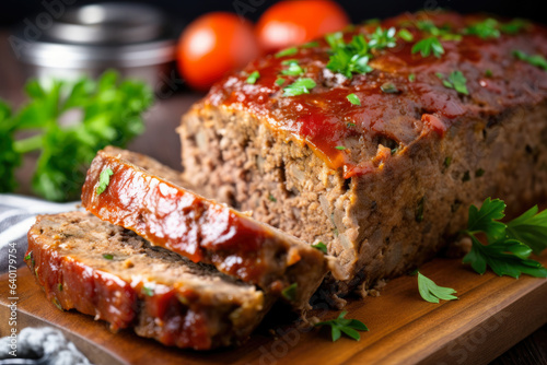 A delicious blend of ground beef and pork creates a moist and tender meatloaf, garnished with sliced tomatoes and fresh parsley for a flavorful and comforting home-style dinner