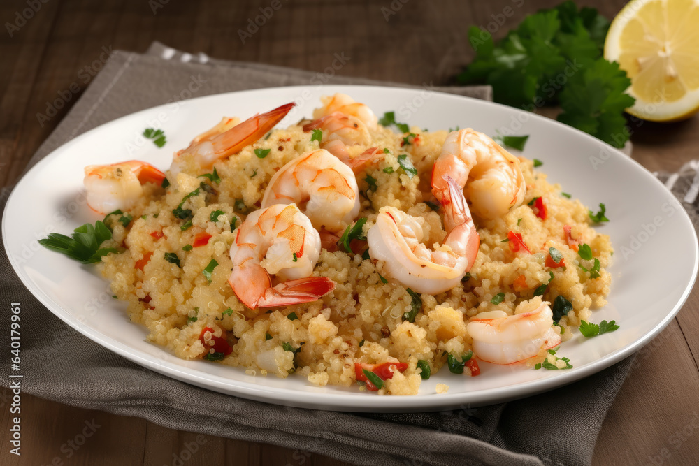 a delicious dish of Shrimp Scampi, topped with Parmesan Cheese and Red Pepper Flakes, served on a bed of Quinoa a delicious dish of Shrimp Scampi, topped with Parmesan Cheese and Red Pepper Flakes, served on a bed of Quinoa