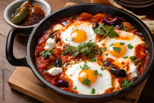 a delicious Shakshuka, prepared in a clay tagine, featuring poached eggs, spicy harissa, and a side of olives