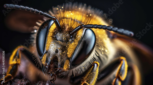 Honey bee macro shot, close-up, dark background. Agricultural farming insect. AI generated. © Serhii