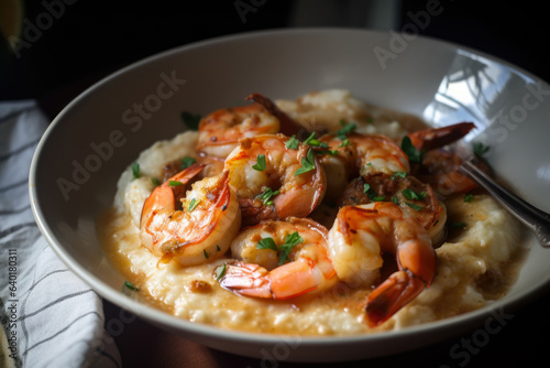 a delicious dish of shrimp and grits, topped with a buttery and cheesy sauce and a sprinkle of paprika