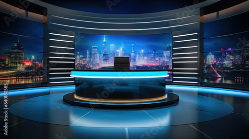 Tv Studio interior for news broadcasting. Empty space for placement. Digital screens for video presentation and neon lighting. Generative Ai illustration
