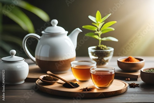 tea ceremony with tasty aromatic herbal teas in glasses near teapots and herbal leaves with spices in small bowls on wooden trail