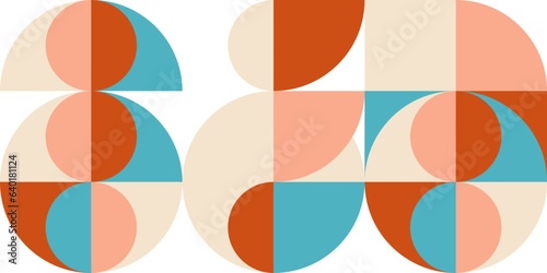 Geometric abstract vector seamless pattern with circles, rectangles and squares in retro Bauhaus style. Pastel colored simple shapes graphic background.