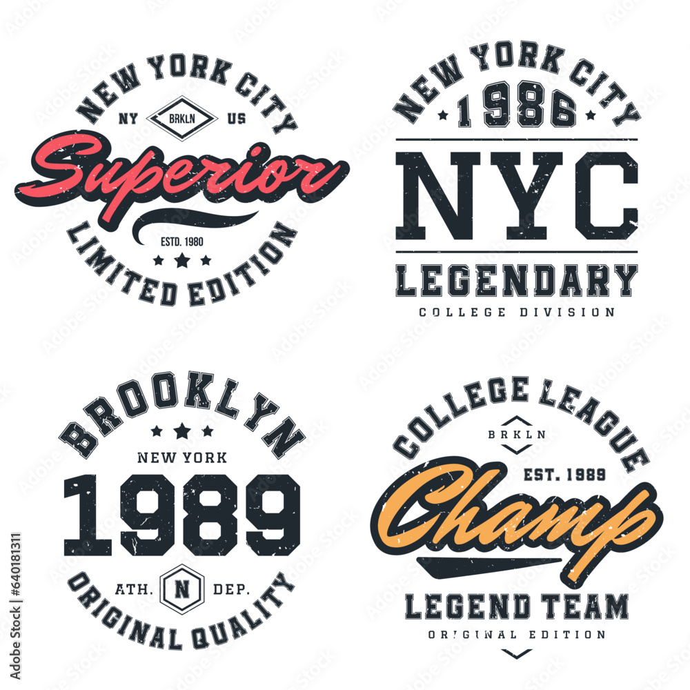 Fototapeta premium New York, Brooklyn t-shirt design collection. T-shirt print design in American college style. Athletic typography for tee shirt print in university and college style. Vector