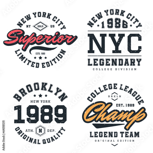 New York, Brooklyn t-shirt design collection. T-shirt print design in American college style. Athletic typography for tee shirt print in university and college style. Vector