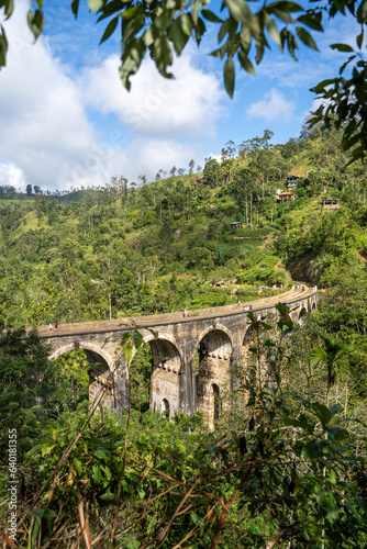 Famous Nine Arch Bridge on a sunny day in Ella, train journey Sri Lanka