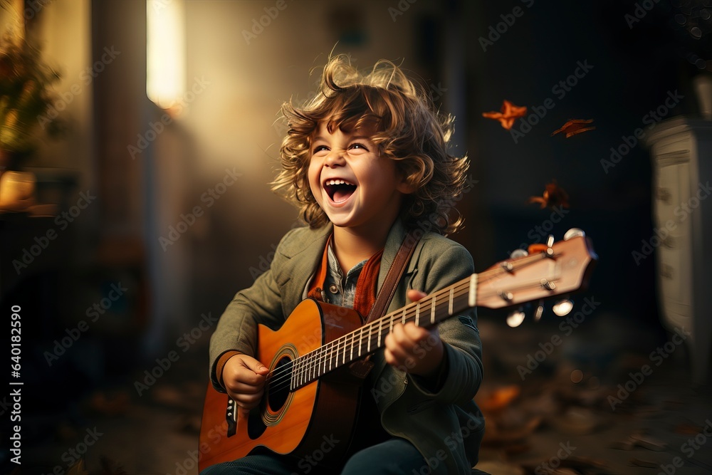 Obraz premium A cheerful young boy passionately playing the guitar, immersed in his music lessons. 'generative AI'
