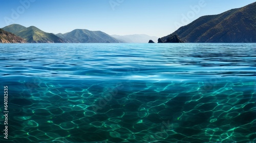 The expanse of the ocean s turquoise surface off Catalina Island  California  adorned with soft undulations and the mesmerizing play of light bending through the water.