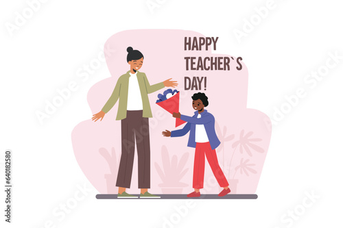 Happy Teachers day concept with people scene in the flat cartoon design. The little student rushes to the teacher with a bouquet to congratulate her on her professional holiday. Vector illustration.