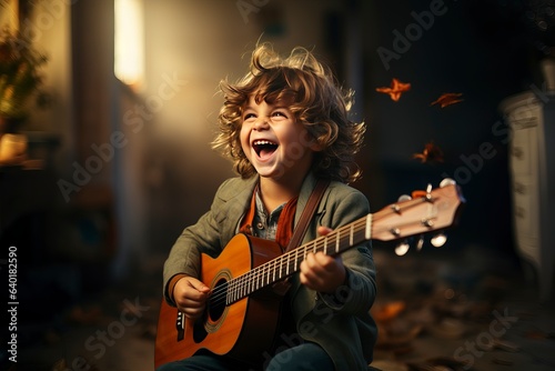 A cheerful young boy passionately playing the guitar, immersed in his music lessons. 'generative AI'