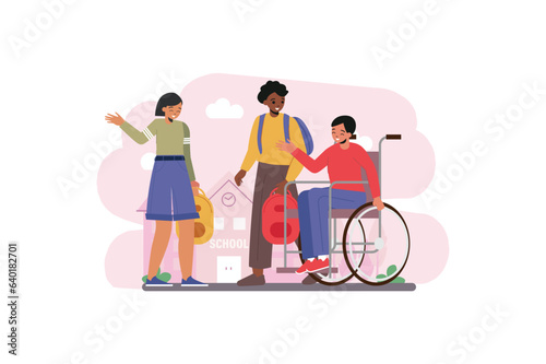 Disabled child school concept with people scene in the flat cartoon style. Friends help their classmate in a wheelchair to study at school with them. Vector illustration.