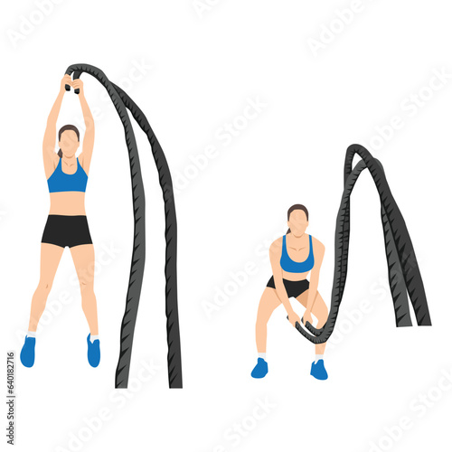 Woman doing battle rope double arm slams exercise. Flat vector illustration isolated on white background