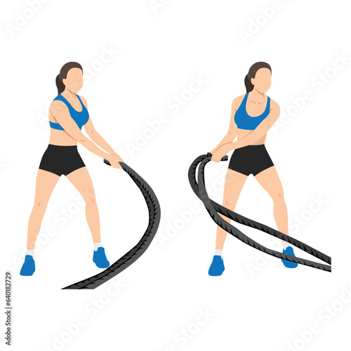Woman doing Battle rope snakes exercise. Flat vector illustration isolated on white background