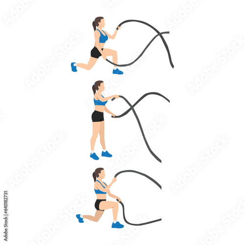 Woman doing Battle rope reverse lunges exercise. Flat vector illustration isolated on white background