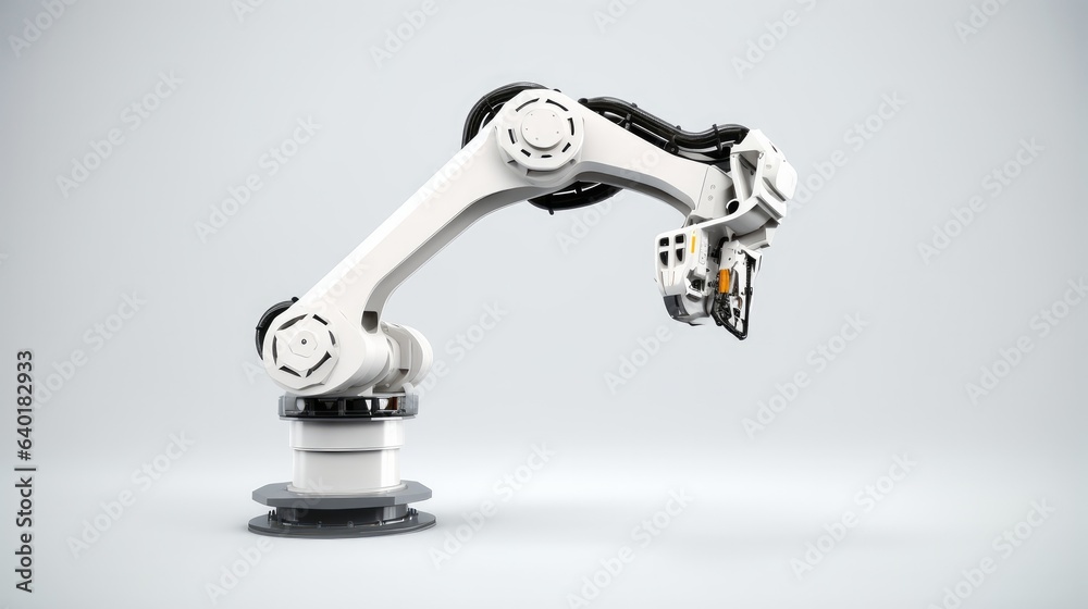 A 3D robotic arm showcased against a clean white backdrop. An intricate mechanical hand with industrial significance. An advanced robot manipulator commonly found in industrial settings. Illustrating A 3D robotic arm showcased against a clean white backdrop. An intricate mechanical hand with industrial significance. An advanced robot manipulator commonly found in industrial settings. Illustrating