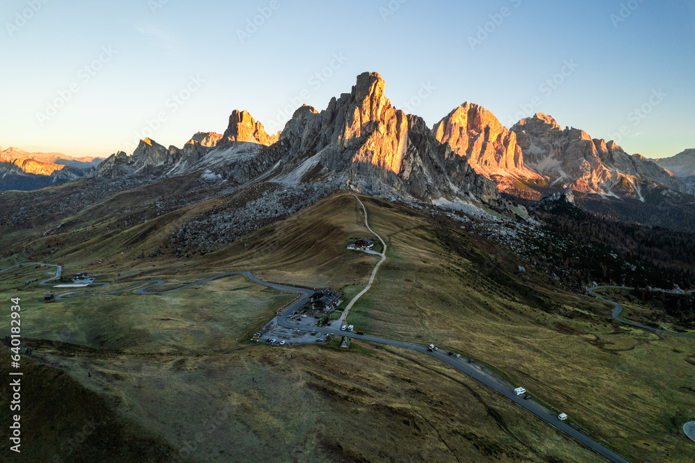 Sunrise photo of mountain Nuvolau Averau, Passo Giau in Dolomites, Italy