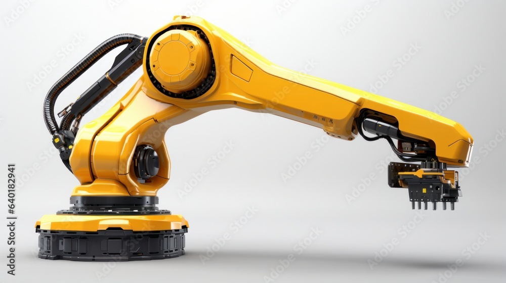 A 3D robotic arm showcased against a clean white backdrop. An intricate mechanical hand with industrial significance. An advanced robot manipulator commonly found in industrial settings. Illustrating A 3D robotic arm showcased against a clean white backdrop. An intricate mechanical hand with industrial significance. An advanced robot manipulator commonly found in industrial settings. Illustrating