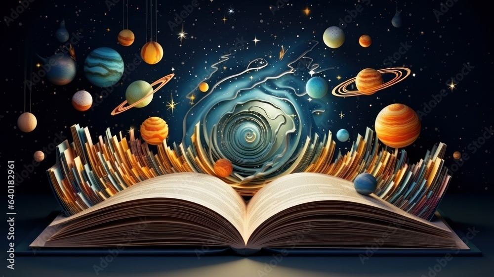 A space-themed paper cutout featuring an open book, adorned with depictions of planets and celestial constellations within a galaxy. A space-themed paper cutout featuring an open book, adorned with depictions of planets and celestial constellations within a galaxy.