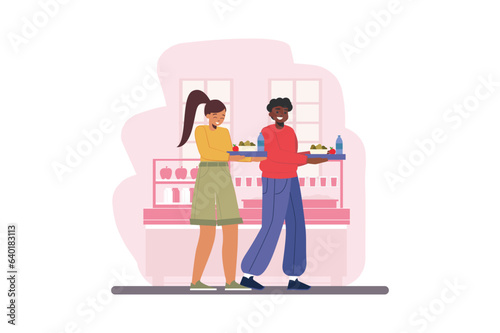 Concept school canteen with people scene in the flat cartoon design. Pupils go to lunch in the school canteen during the break between lessons. Vector illustration.