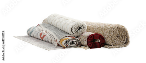 Rolled carpets on white background. Interior element