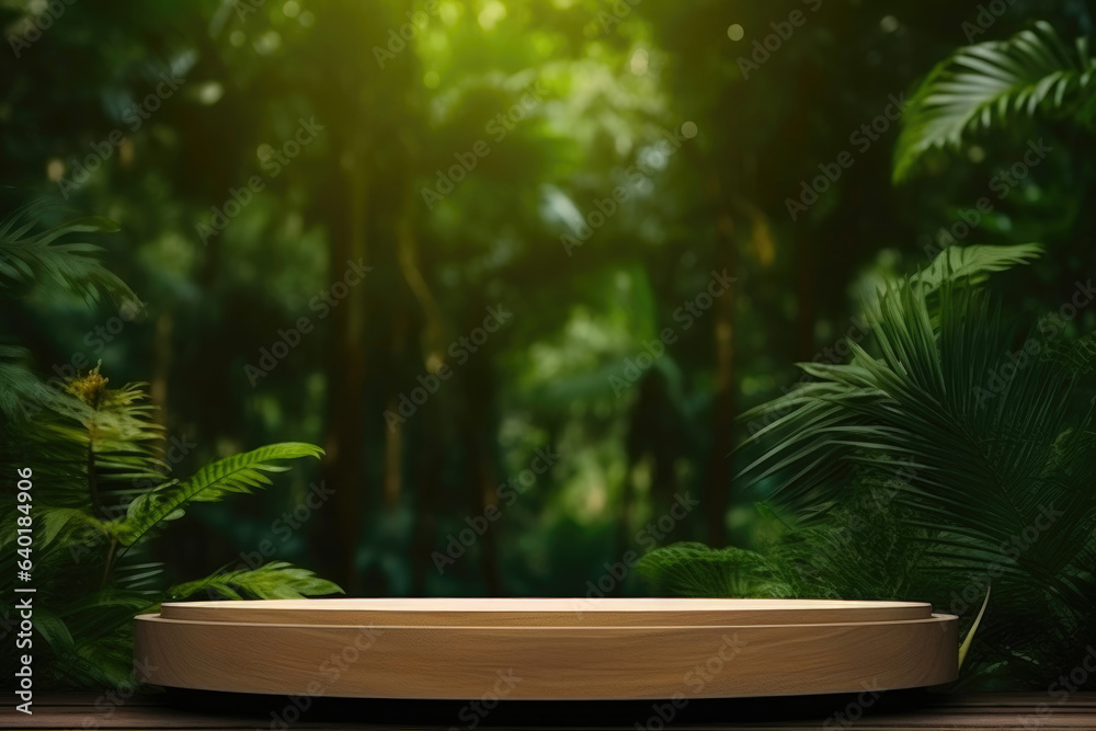Product Presentation on a Wooden Podium in the Jungle