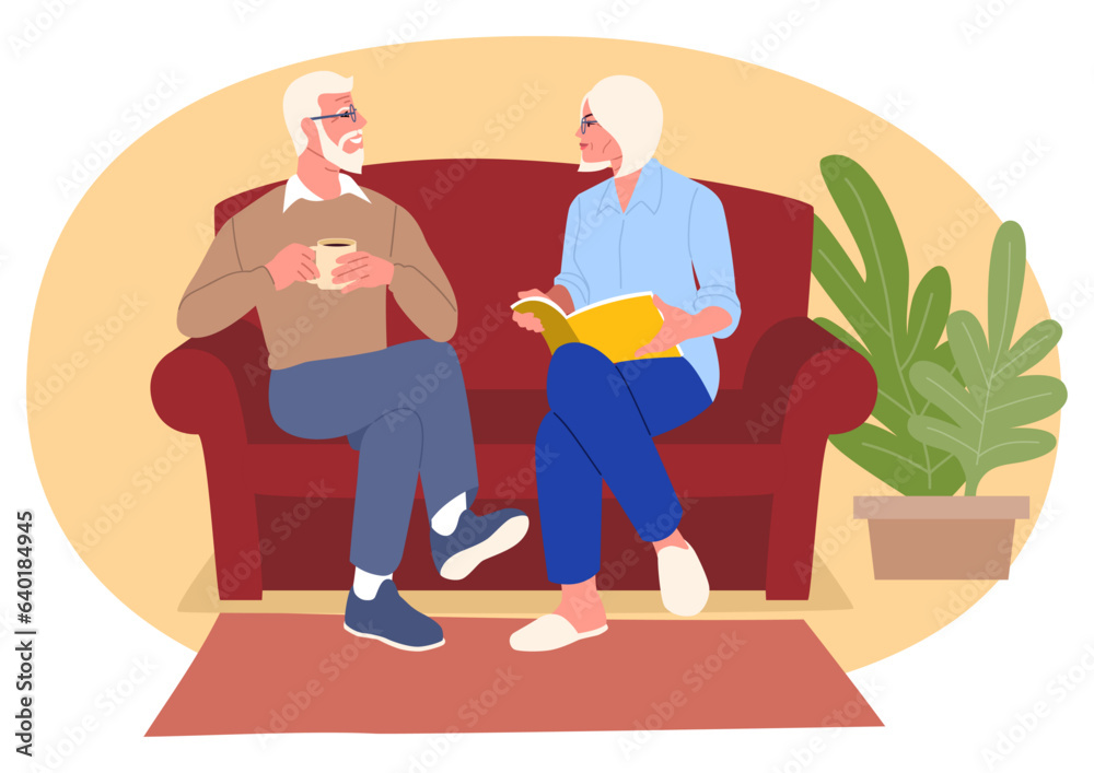 Elderly couple comfortably engaged in a sofa conversation. Scene of togetherness, communication, and lifelong connection Elderly couple comfortably engaged in a sofa conversation. Scene of togetherness, communication, and lifelong connection