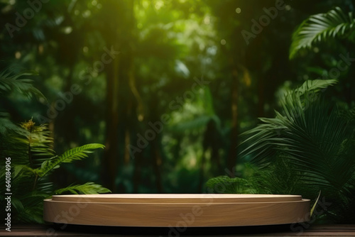 Product Presentation on a Wooden Podium in the Jungle