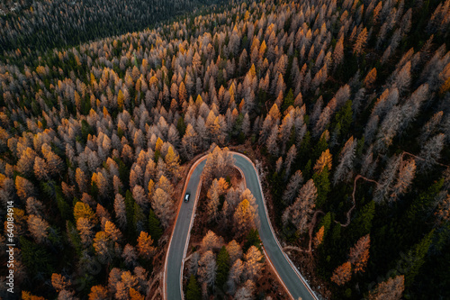 Aerial Autumn Photo Auronzo road to Tre Cime, Cortina d Ampezzo Dolomites Italy photo