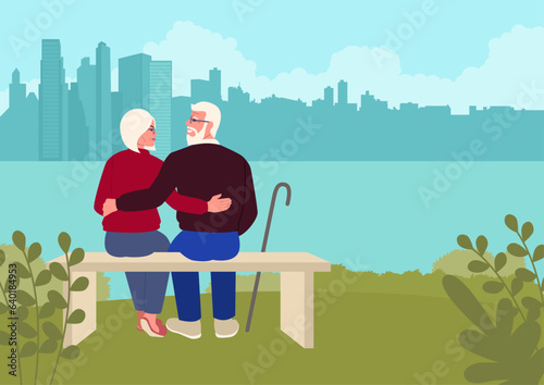 Elderly couple embracing on a city park bench, gazing at the serene city shore. Moment of love and togetherness, the beauty of long lasting relationships and the pleasures of life's simple joys