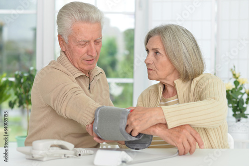 Portrait of senior couple measuring blood pressure together