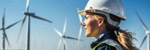 Woman windmill renewable technology wind farm electricity worker people turbine engineer energy