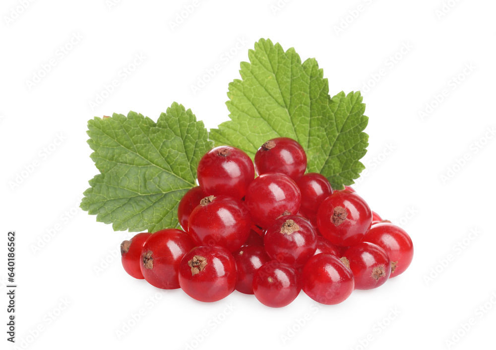 Pile of fresh ripe redcurrants and green leaves isolated on white Pile of fresh ripe redcurrants and green leaves isolated on white