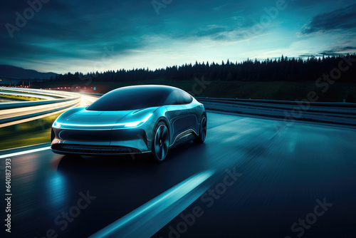 Sleek and Silent: Self-Driving Electric Car on Night Drive photo
