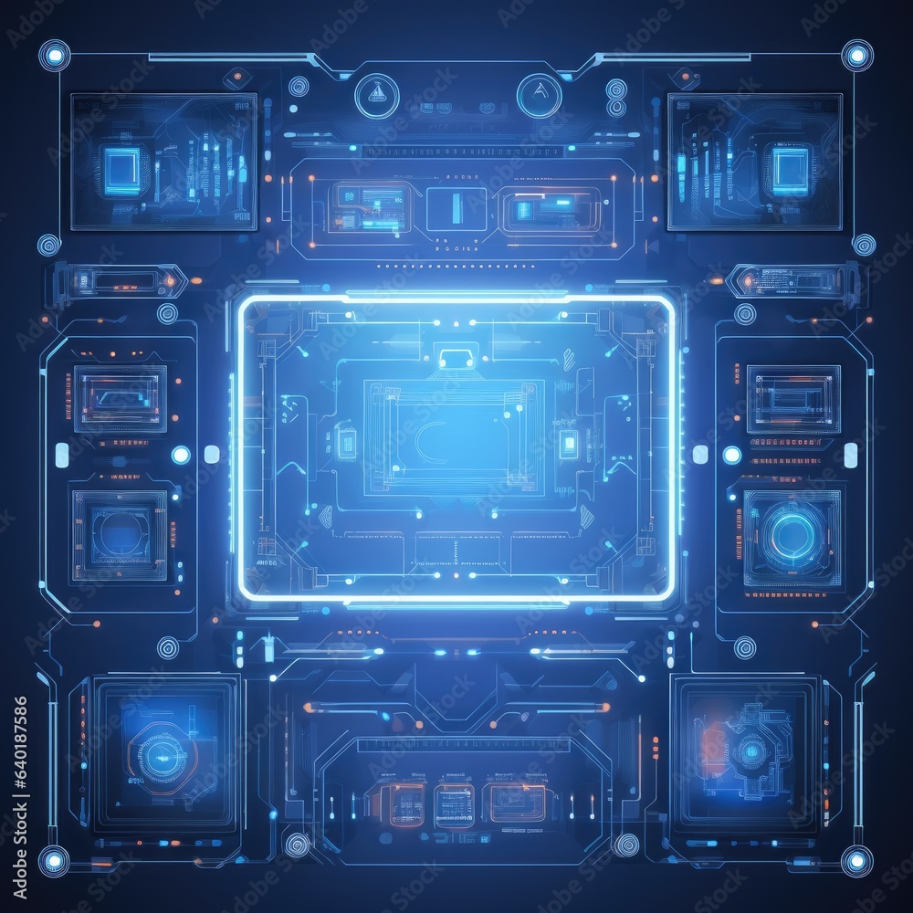 Fototapeta premium Abstract technology hud interface hologram elements neon lights, circle percent vitality innovation on hi tech future design. Generative AI