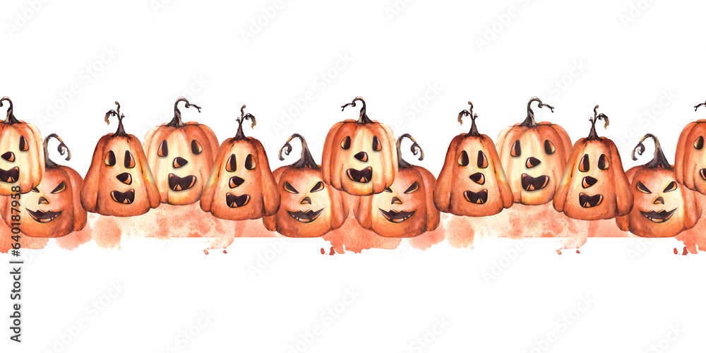 Smiling pumpkins. halloween face, eyes, nose, stem Watercolor seamless border, pattern. Isolated on white background with orange stains For wrapping paper, holiday party, decoration textile, wallpaper Smiling pumpkins. halloween face, eyes, nose, stem Watercolor seamless border, pattern. Isolated on white background with orange stains For wrapping paper, holiday party, decoration textile, wallpaper