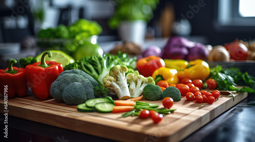 Wooden chopping board with fresh vegetables on a kitchen background