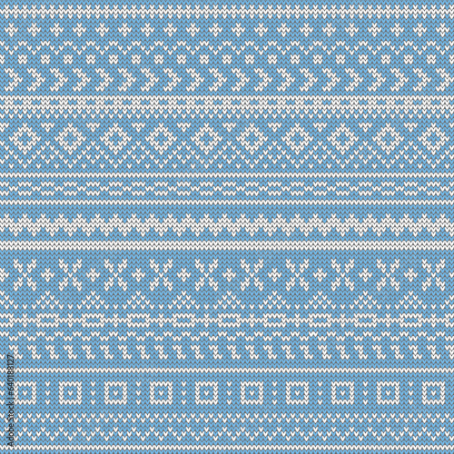Winter knit texture pattern.Seamless vector illustration for Christmas, New Year, winter design. Xmas ugly sweater ornament. Fair isle pattern in blue and white.