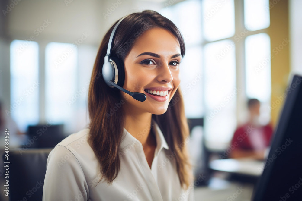 Young Woman Engaged in Office Tasks with Headset Young Woman Engaged in Office Tasks with Headset