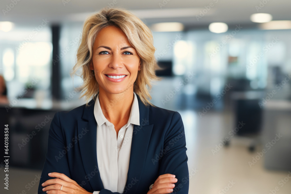 Charming 45-Year-Old Lady Posing Happily in Corporate Interior Charming 45-Year-Old Lady Posing Happily in Corporate Interior