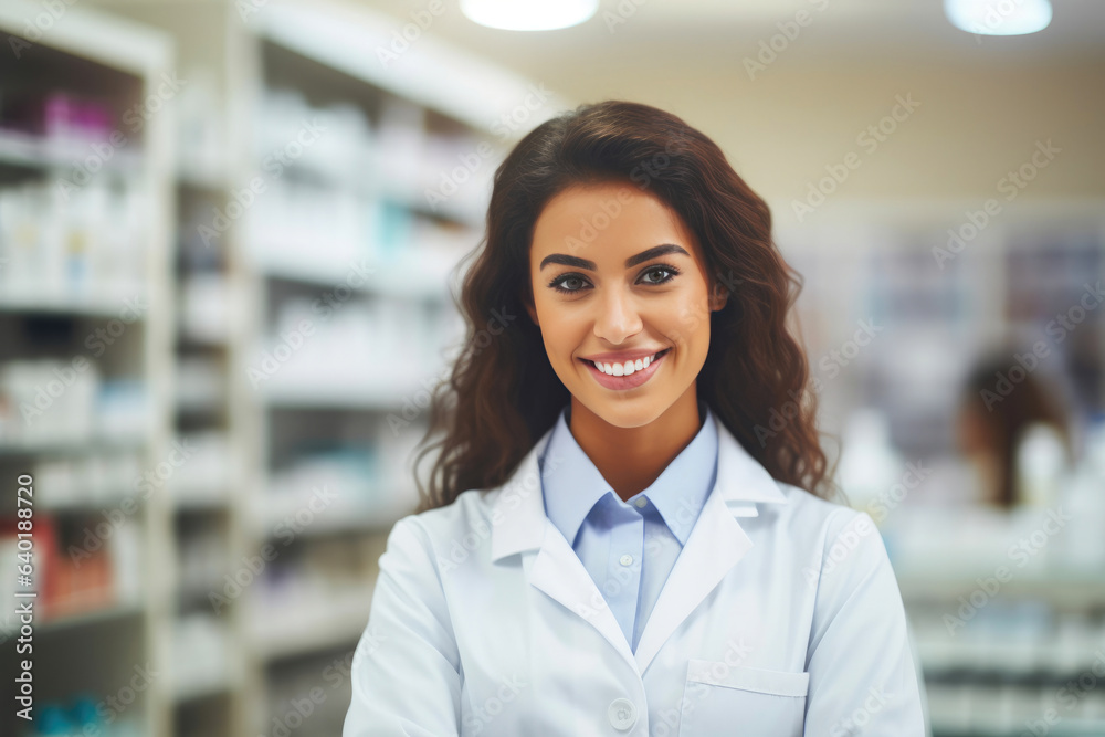 Smiling Pharmacist Providing Professional Care in a Pharmacy Smiling Pharmacist Providing Professional Care in a Pharmacy