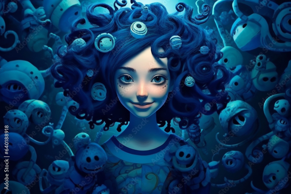 3d digital illustration of blue-haired roll girl with big eyes and pensive expression isolated on blue background. Generative AI. 3d digital illustration of blue-haired roll girl with big eyes and pensive expression isolated on blue background. Generative AI.