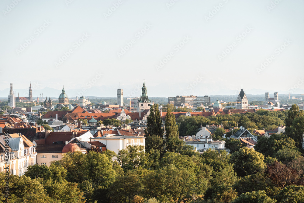 Skyline view of Munich with multiple sights, Alps in background Bavaria Germany