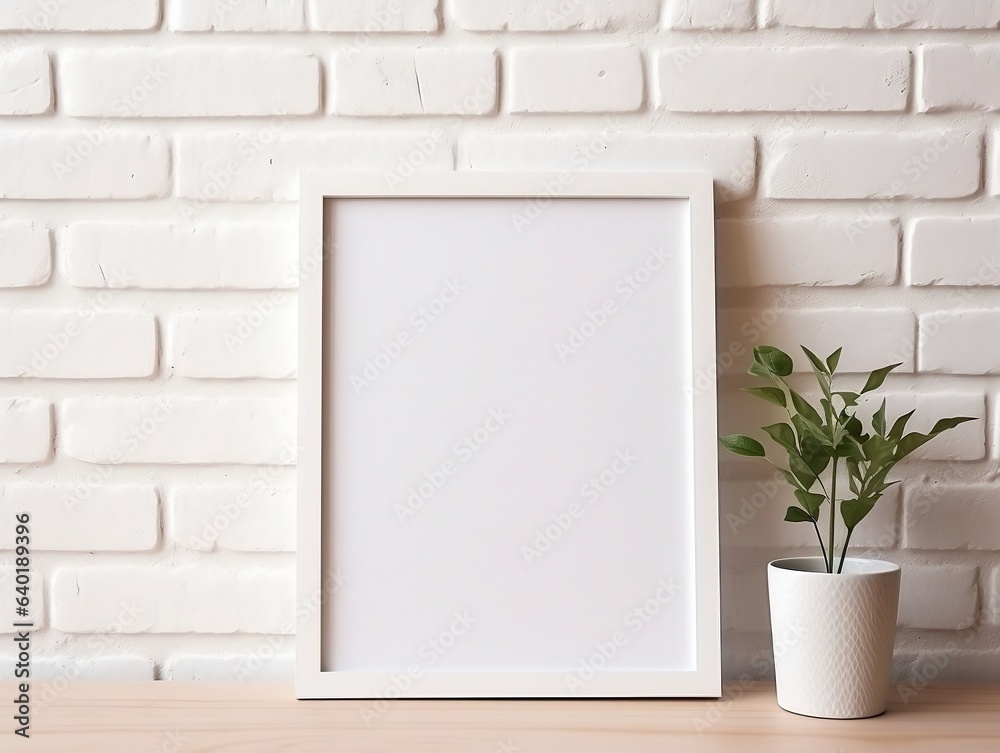 Maize wooden photo frame mockup leaning at white brick wall generative ai Maize wooden photo frame mockup leaning at white brick wall generative ai